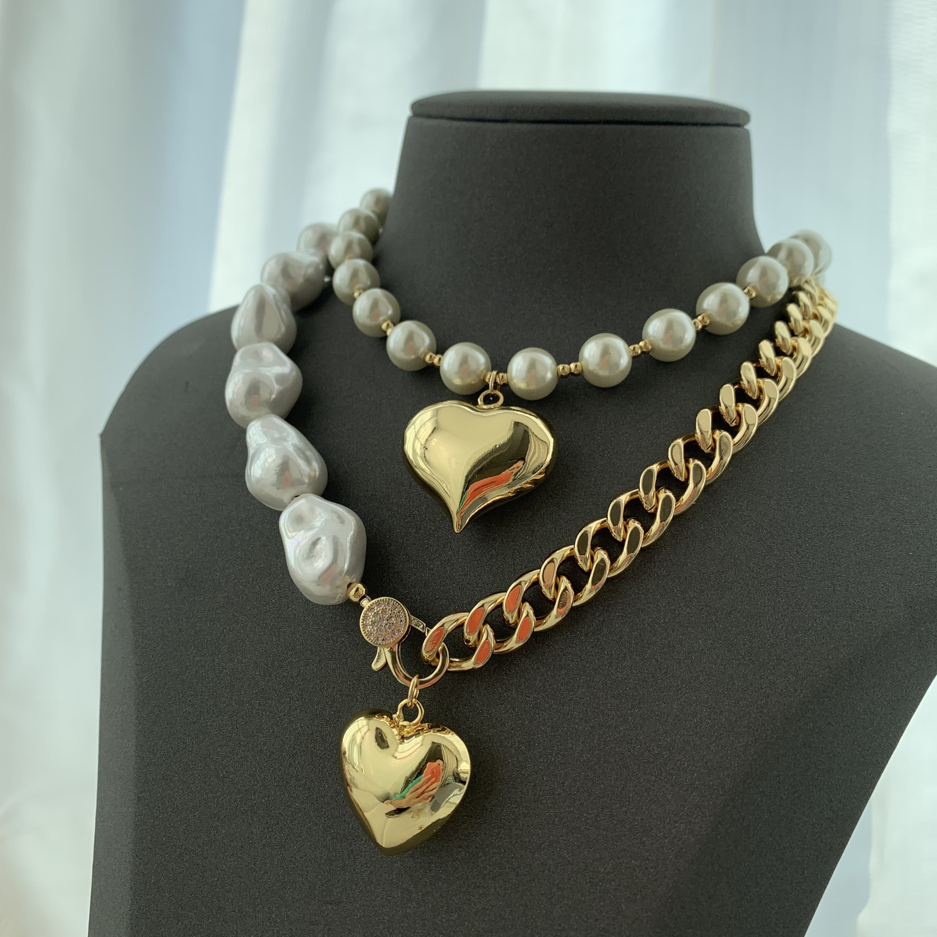 LS-B5224 Gold cuban chain necklace half top quality pearl necklace   solid chunky heart necklace beautiful jewelry for women