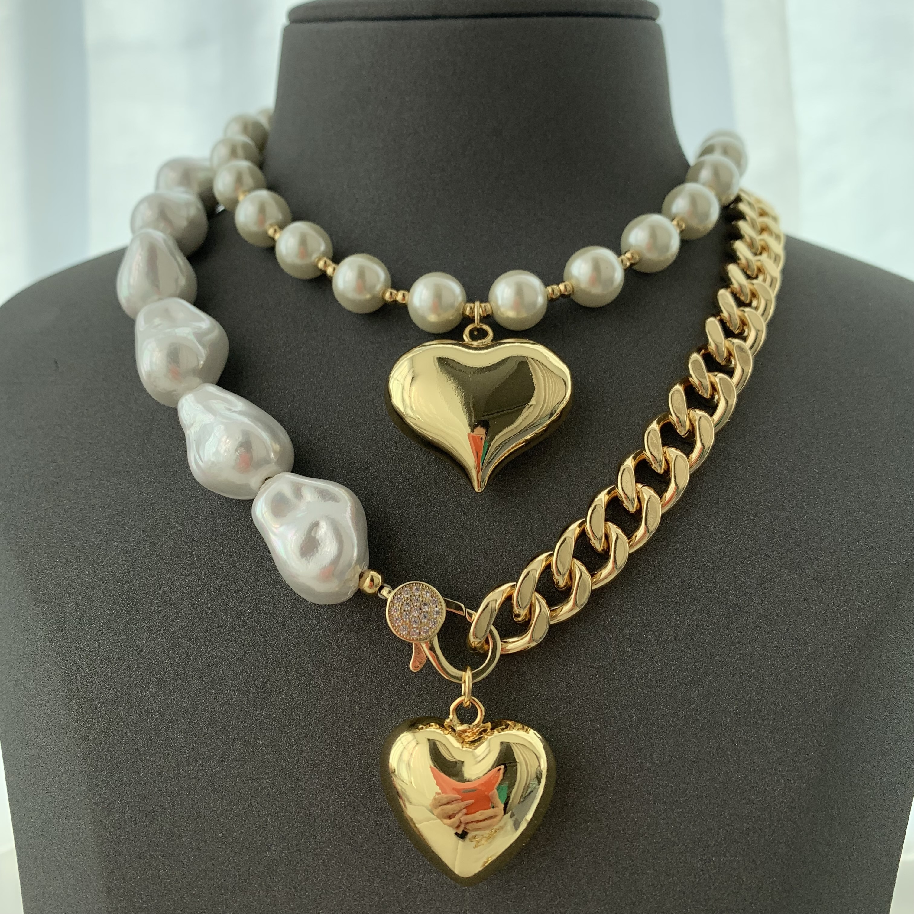 LS-B5224 Gold cuban chain necklace half top quality pearl necklace   solid chunky heart necklace beautiful jewelry for women