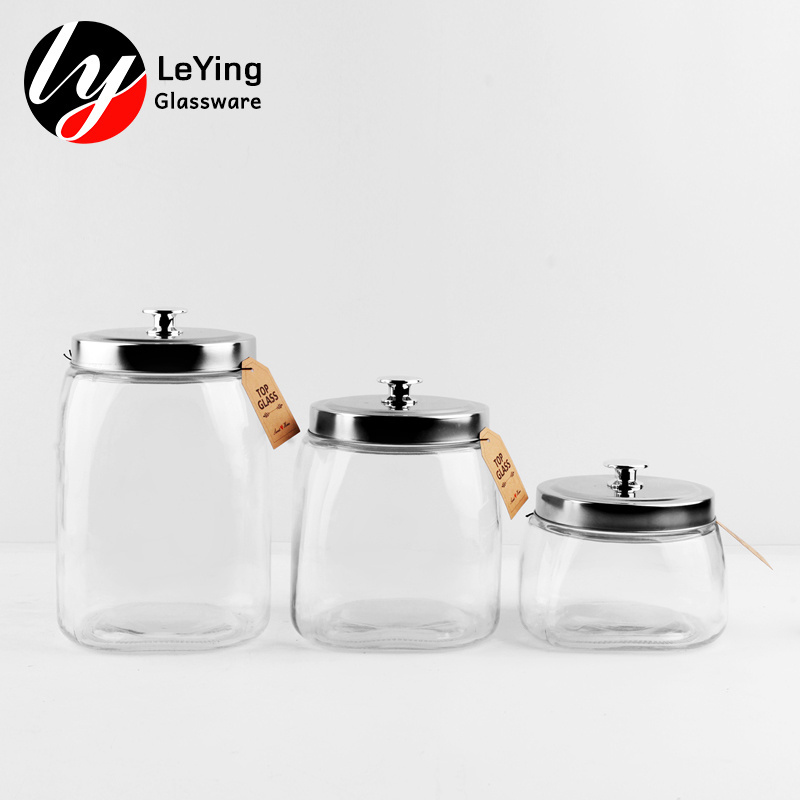 Large Capacity 2.4 Liter Glass Kitchen Storage Canister Jars Set With Stainless Steel Lids