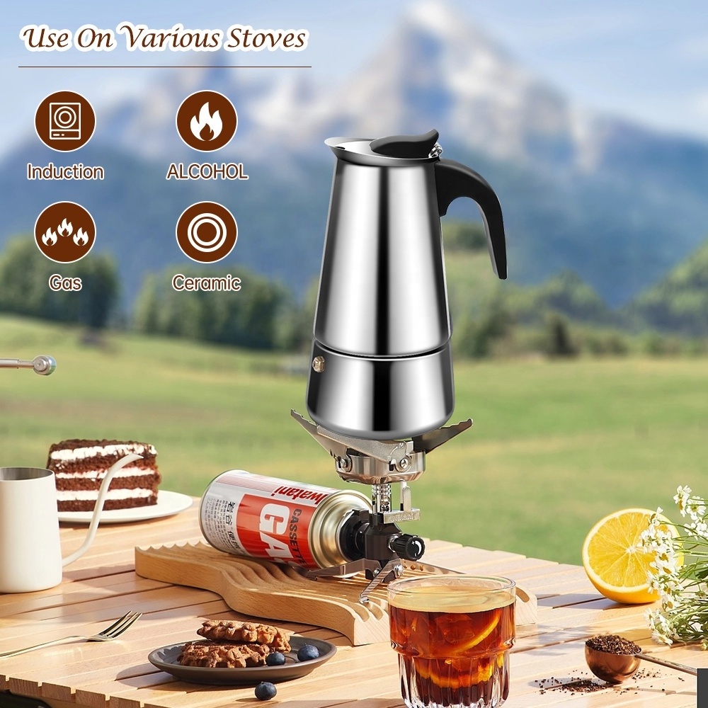 Custom Logo 3/6 Cup Outdoor Camping Moka Pot Stove Top Espresso Coffee Make  Mocha Coffee Pot