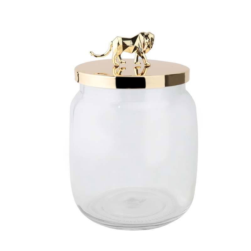 Tabletop Glass Round Box With LID Matt Brass Plating With Gold Leaf Modern Style Storage Jars And Canisters