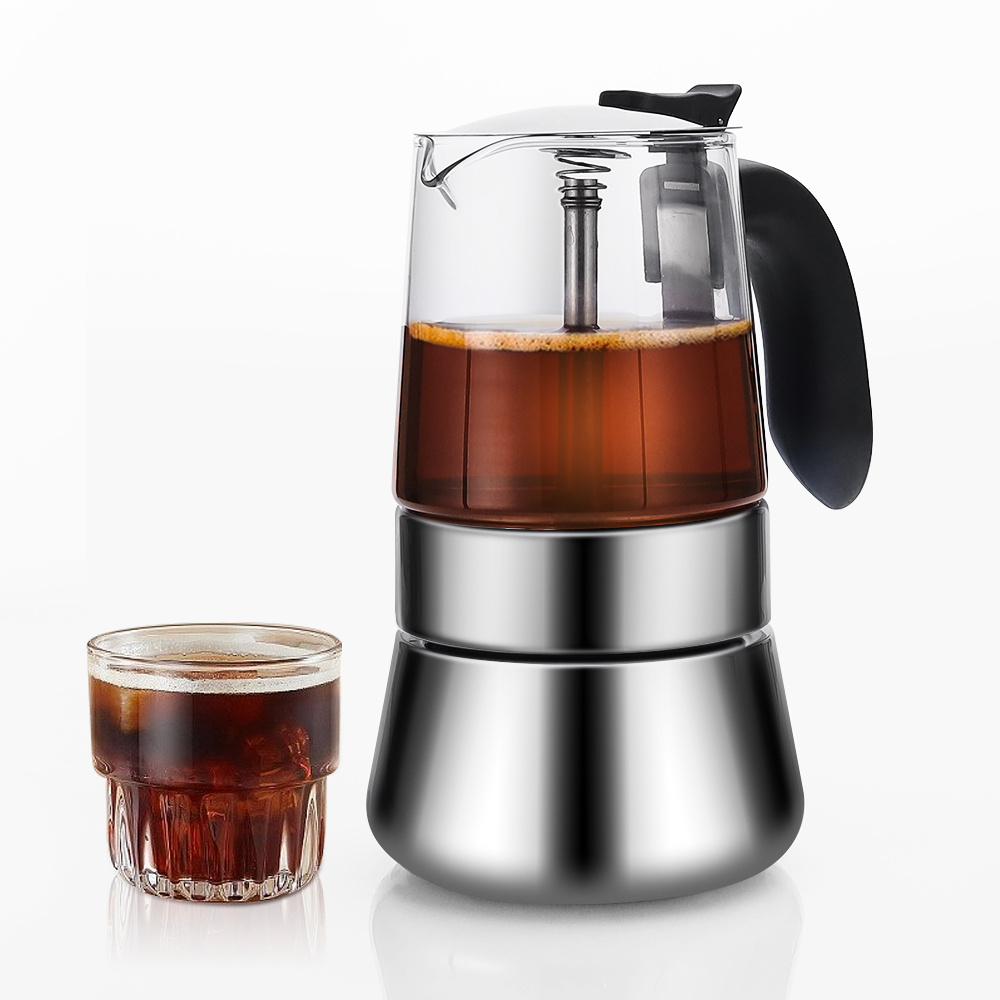 304 Stainless Steel Induction Clear Borosilicate glass Coffee Maker Mocha Percolator Moka Pot 6 cups Espresso Maker