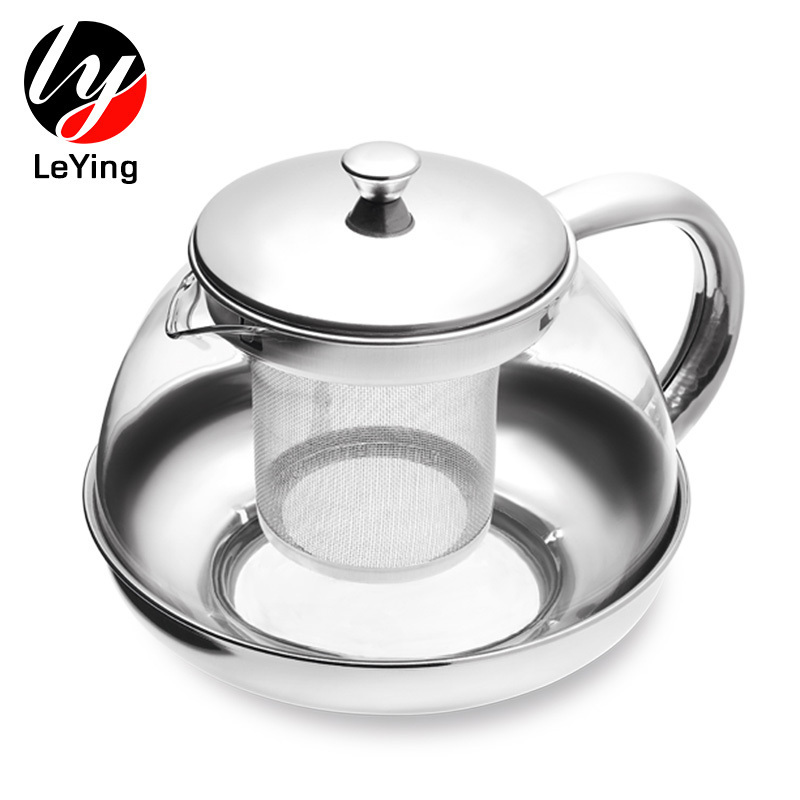 Wholesale Silver Stainless Steel Teapot 600 ML Glass Tea Pot With Filter and Metal Cover