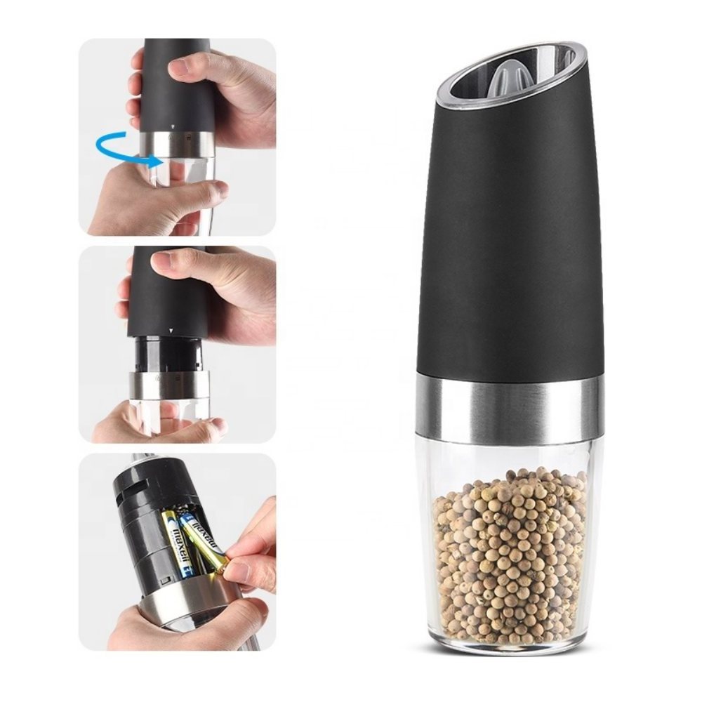 Battery powered with LED light automatic operation stainless steel gravity electric mill pepper and salt grinder set