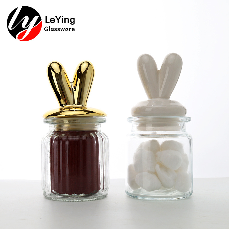 OEM/ODM Kitchen Bathroom Cute Rabbit Head Ceramics Decor Canister Glass Storage Jars