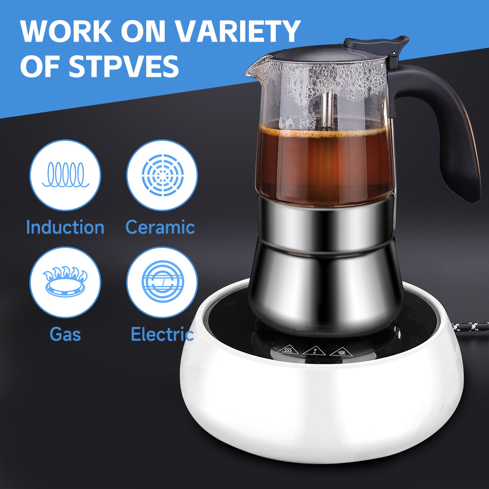 304 Stainless Steel Induction Clear Borosilicate glass Coffee Maker Mocha Percolator Moka Pot 6 cups Espresso Maker