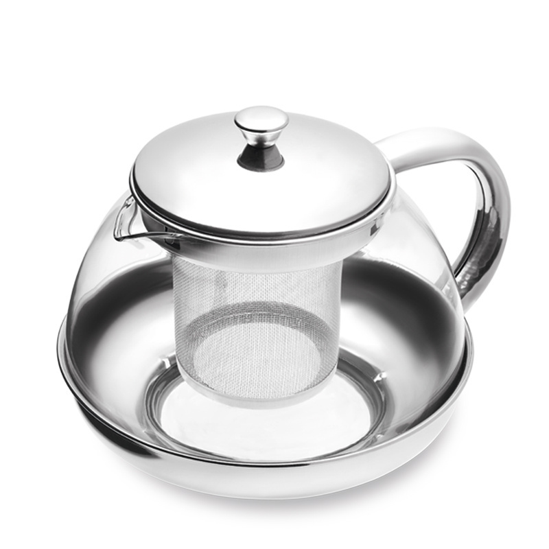 Wholesale Silver Stainless Steel Teapot 600 ML Glass Tea Pot With Filter and Metal Cover