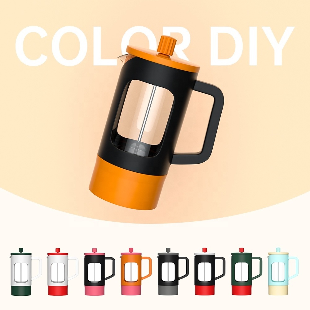 2023 New Design 350ml 600ML 1000ML DIY Color Plastic Coffee Tea Maker High Borosilicate Glass French Press