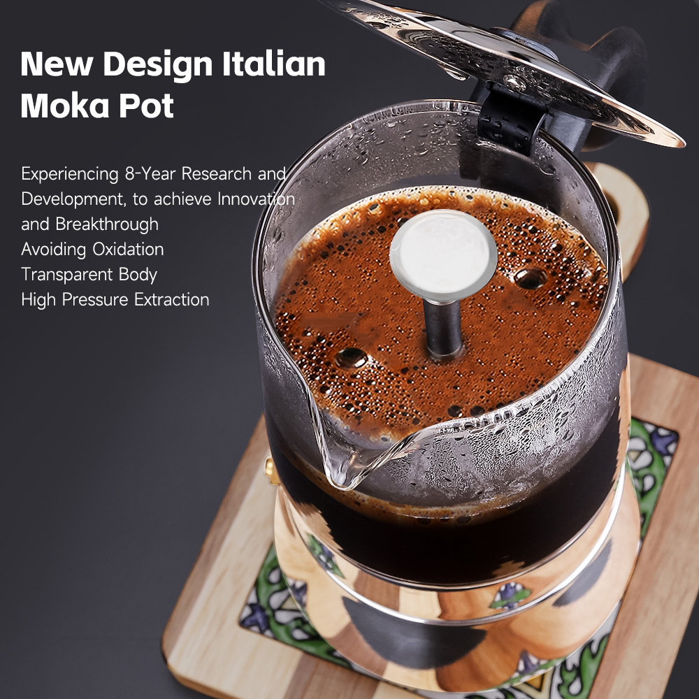 304 Stainless Steel Induction Clear Borosilicate glass Coffee Maker Mocha Percolator Moka Pot 6 cups Espresso Maker