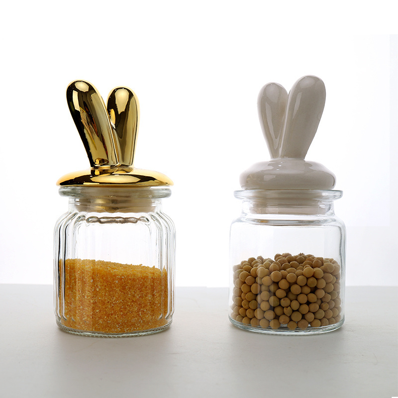 OEM/ODM Kitchen Bathroom Cute Rabbit Head Ceramics Decor Canister Glass Storage Jars