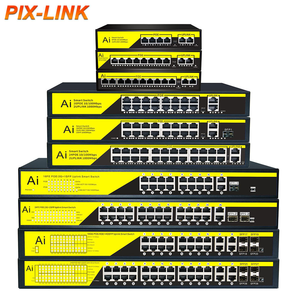 PIX-LINK POE Switch Network 4 8 16 24 Ports 4 Port Poe Switch Stock Signal System Surge Protector Redundant Power System (RPS) Connector