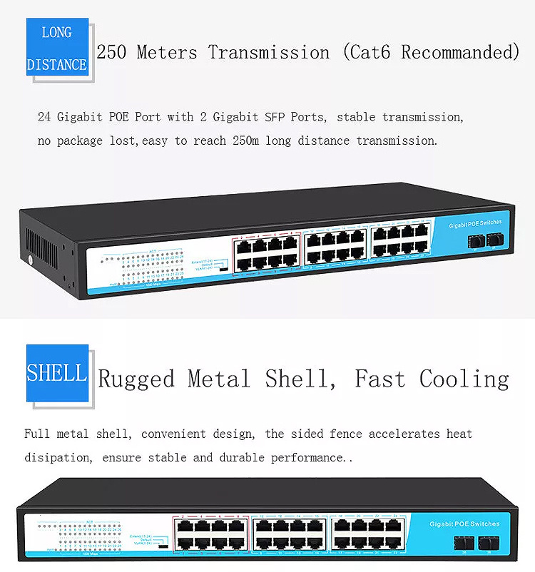 PIX-LINK Custom Logo POE Switch 4 8 16 24 port 10/100M ethernet fiber switch POE gigabit with 2 SFP ports