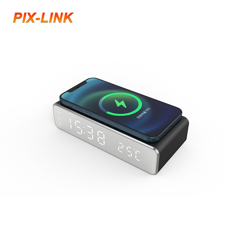 PIX-LINK 5W Thermometer Wireless Charger Multi-Function Clock Mobile Phone Smart Led Display For Digital Alarm Temperature Clock