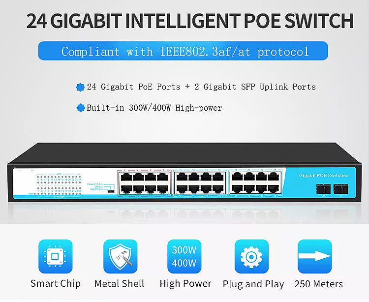 PIX-LINK Custom Logo POE Switch 4 8 16 24 port 10/100M ethernet fiber switch POE gigabit with 2 SFP ports