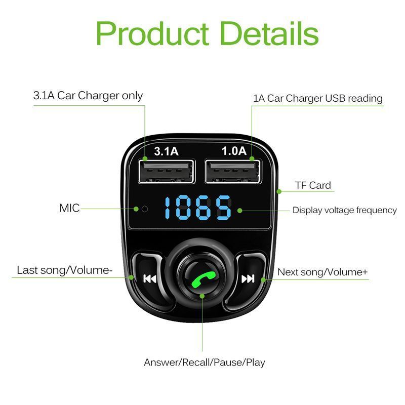 FM Transmitter Audio MP3 Player 3.1A Quick Charge Dual USB Car Charger Bluetooth Kit Receiver