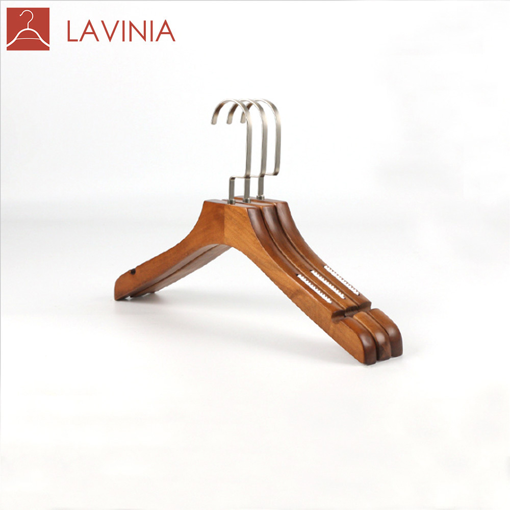 Luxury boutique cloth shop custom logo children wooden hangers clothing and pants hangers with copper clips