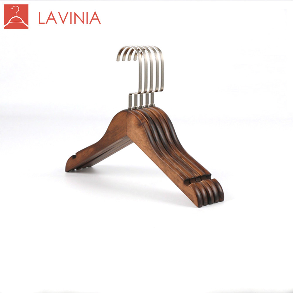 Luxury boutique cloth shop custom logo children wooden hangers clothing and pants hangers with copper clips