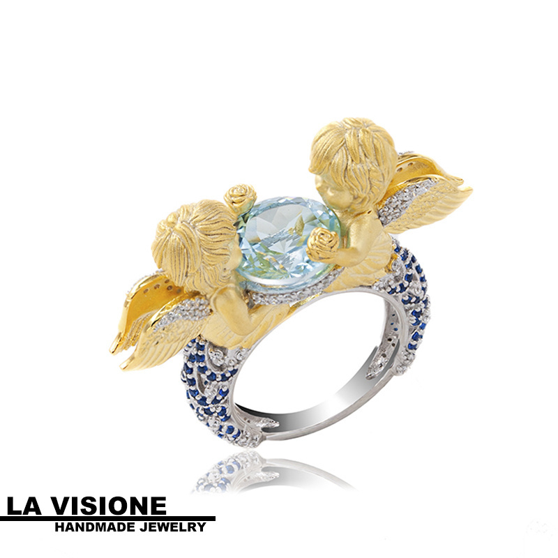 European Design Angel Collection Romantic Fashion Design 925 Silver Topaz Ring Women's Model