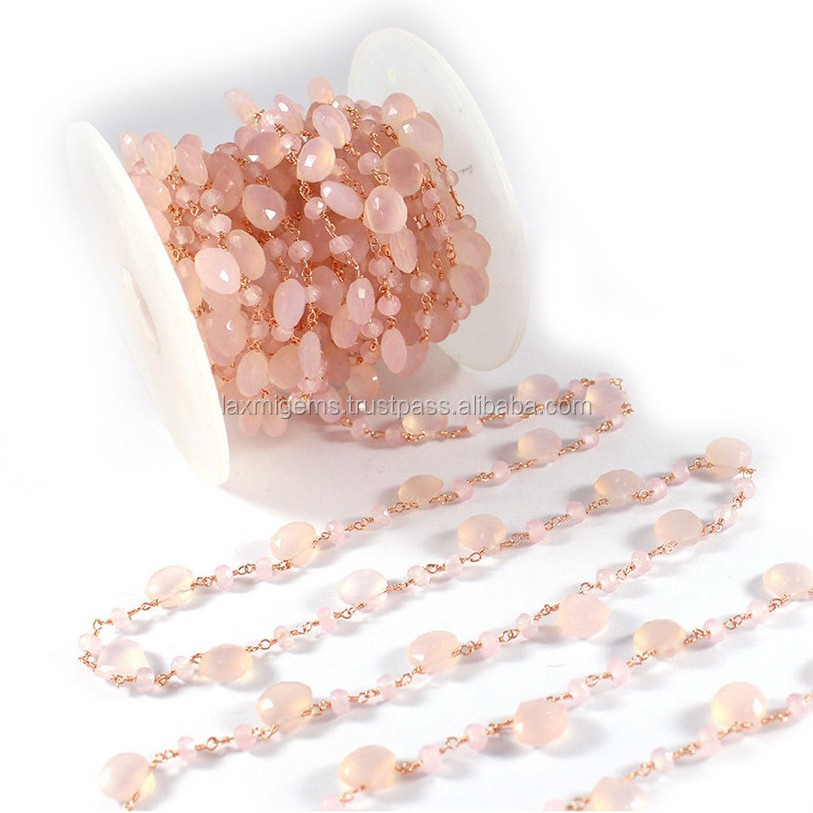 Indian wholesale handmade pink chalcedony gemstone beads 925 sterling silver rosary chain