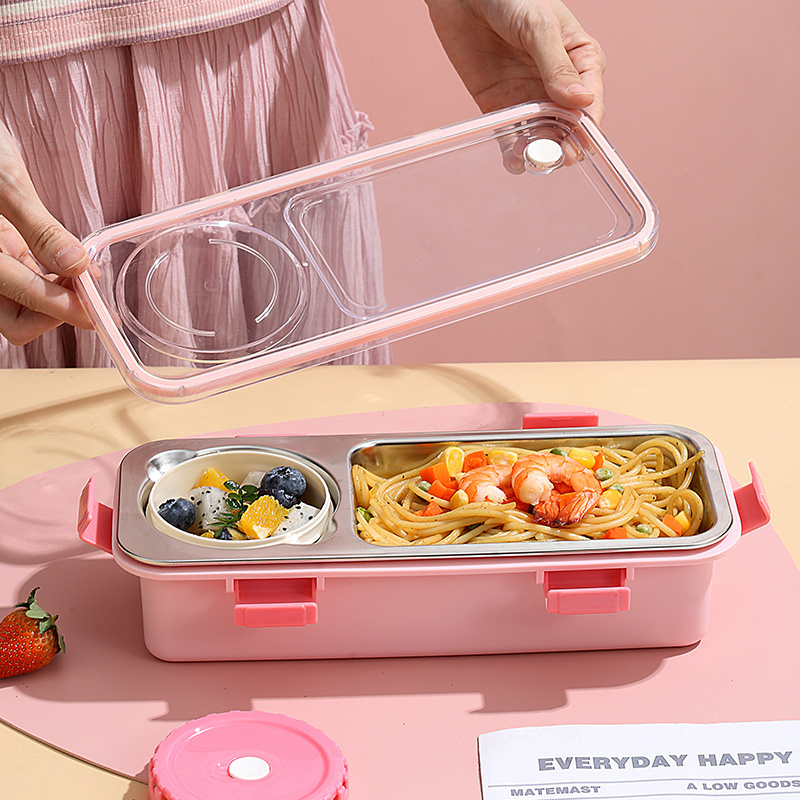 Hot-selling Two-grid Stainless Steel Bento Lunch box 600ML Portable Storage Box for Student Lunch Food Container with 150ML