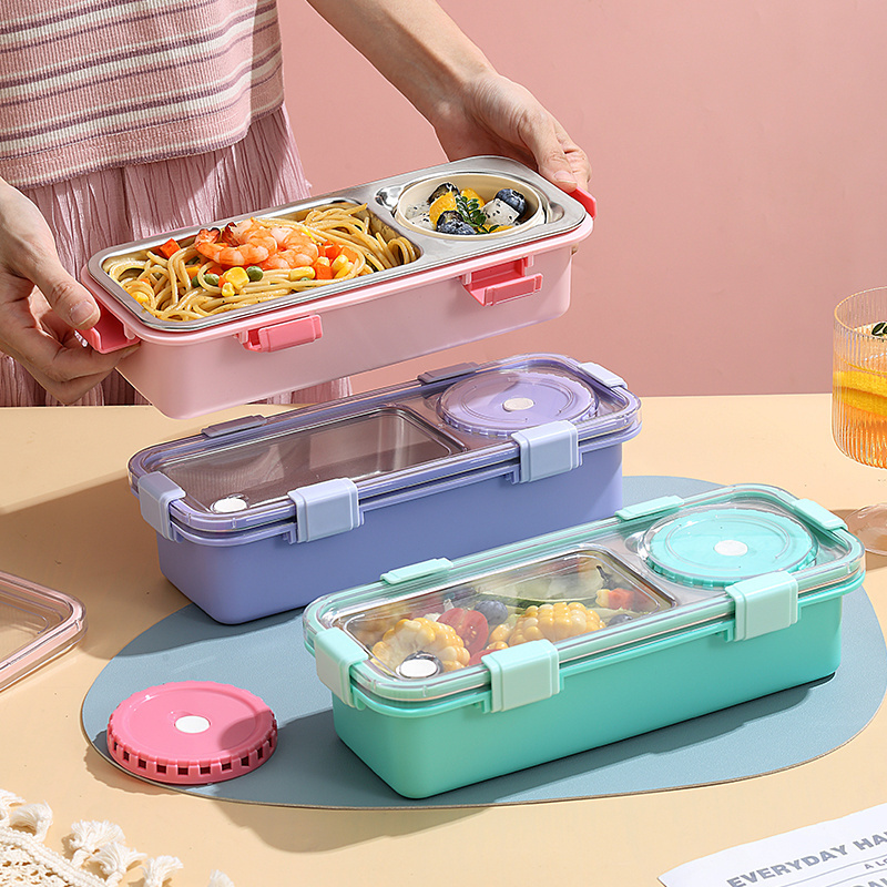 Hot-selling Two-grid Stainless Steel Bento Lunch box 600ML Portable Storage Box for Student Lunch Food Container with 150ML