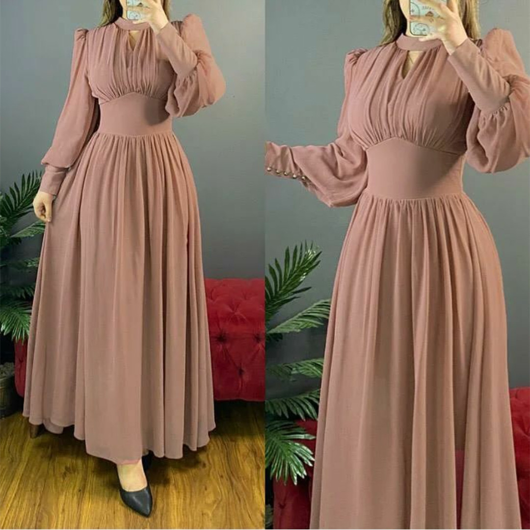 Long Sleeved Pleated Maxi Dress With Back Waist Hollow Out Formal Dress Mother Of The Bride Dresses