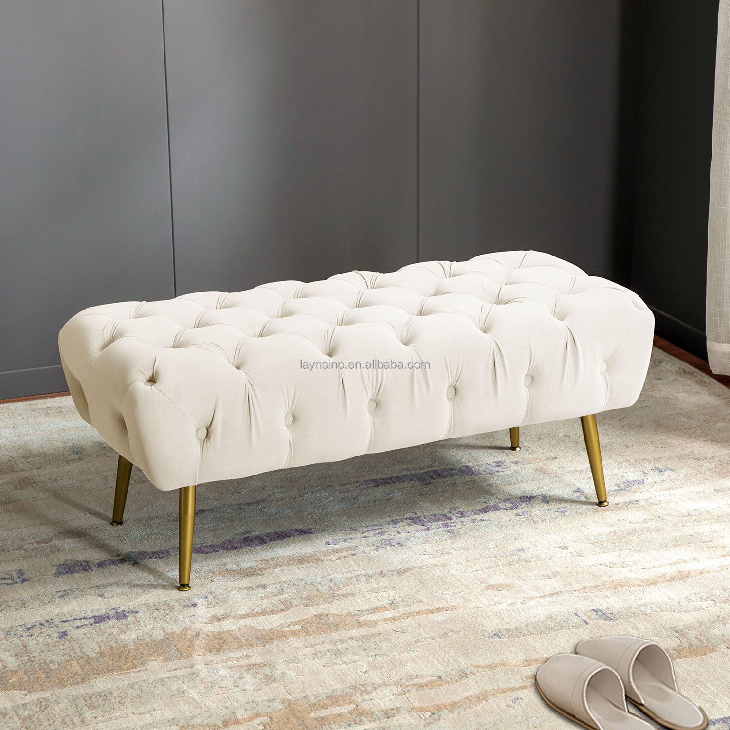 Nordic Home White Velvet Tufted Ottomans Indoor Modern Design Fabric Shoe Bench for Living Room and Bedroom