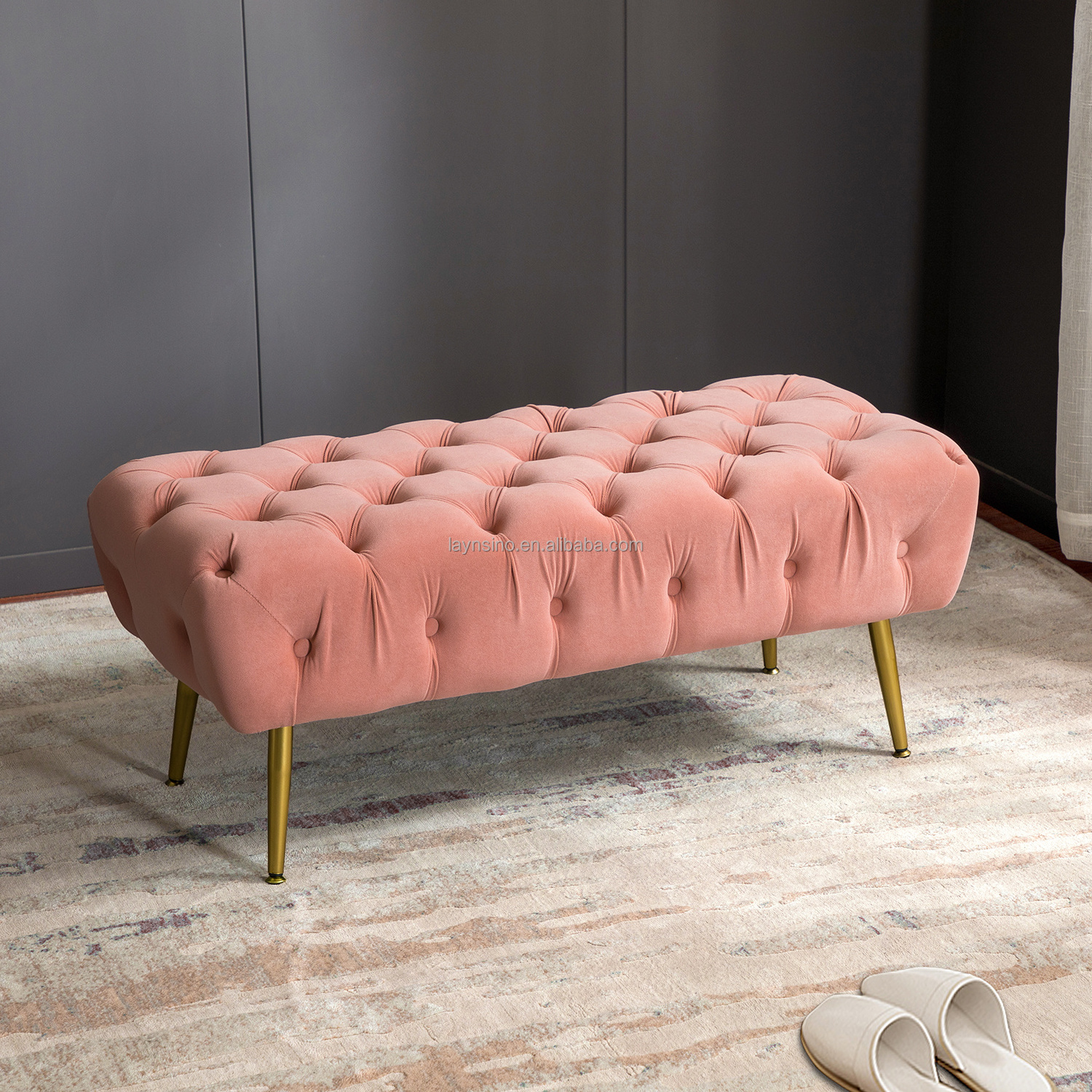 Nordic Modern Style Fabric Ottoman Benches Pink Velvet Indoor Bedroom Bed Bench Best Seller for Home Living Room Furniture