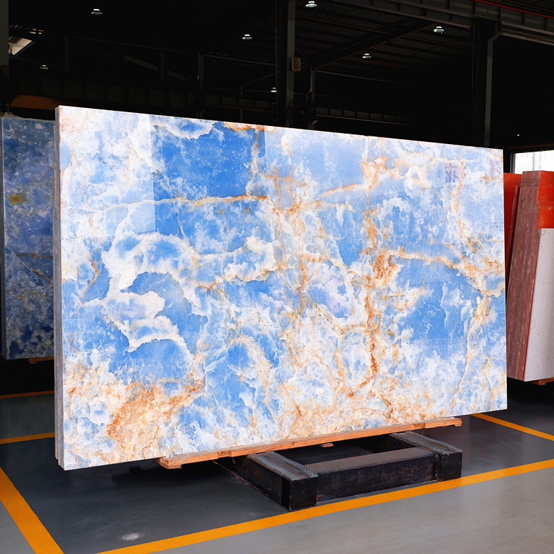 High-quality luxury blue onyx marble TV background wall auspicious cloud pattern marble slab