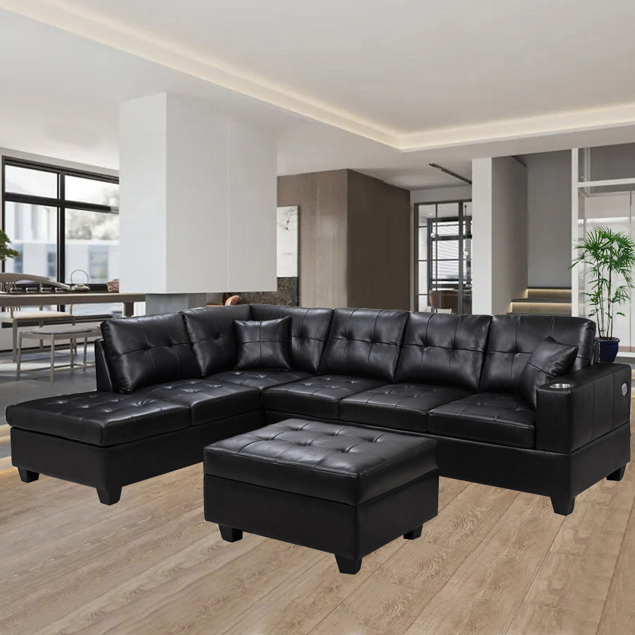 High-end living room furniture Leather L-section sofa upgrade sofa with USB charging cup holder storage