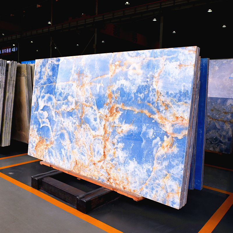 High-quality luxury blue onyx marble TV background wall auspicious cloud pattern marble slab