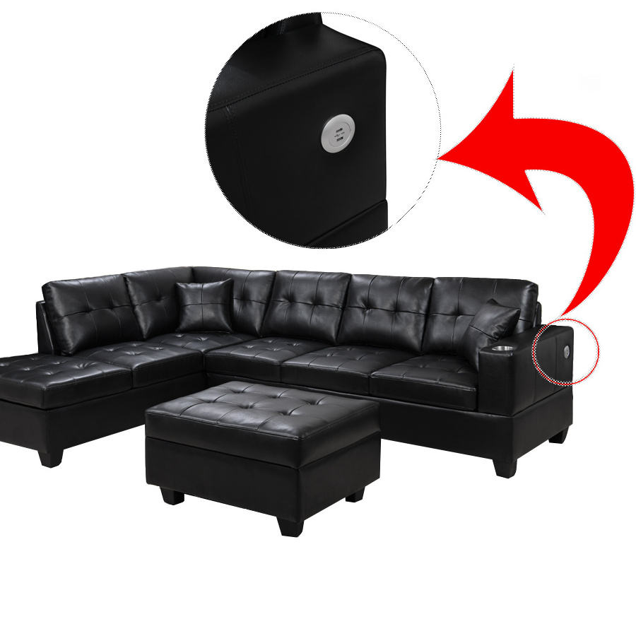 High-end living room furniture Leather L-section sofa upgrade sofa with USB charging cup holder storage