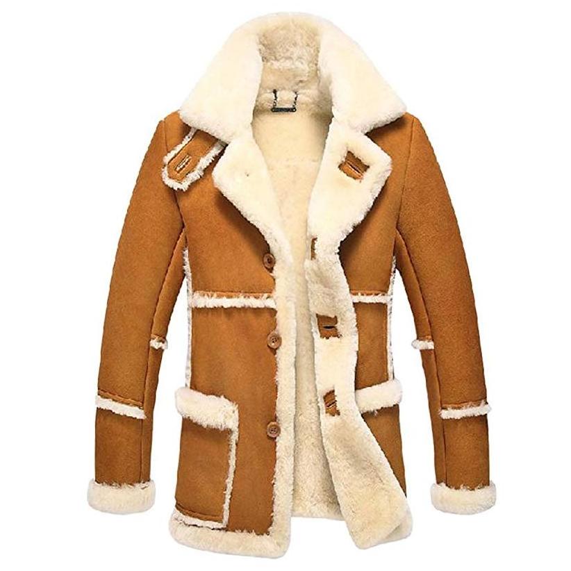 Mens 100% Genuine Shearling Leather Tan Brown With Artificial Fur Lining Coat With Wholesale Price With Customized Logos