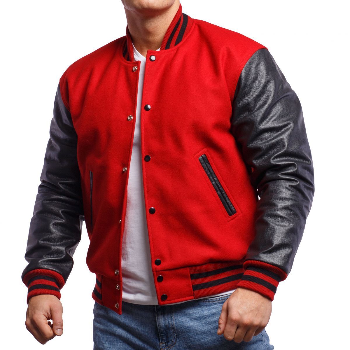 High Quality Men's Custom Wool Baseball Letterman Jackets Red Color Baseball Varsity Jacket with Black Leather Sleeve