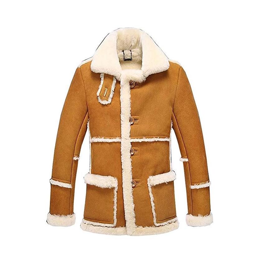 Mens 100% Genuine Shearling Leather Tan Brown With Artificial Fur Lining Coat With Wholesale Price With Customized Logos