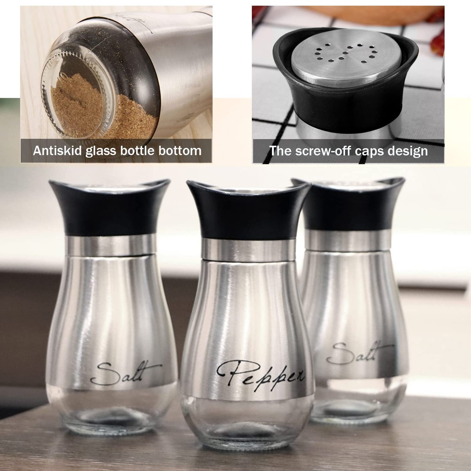 LBB Salt and Pepper Shakers Set Glass Bottom Salt Pepper Shaker with Stainless Steel Lid for Kitchen Cooking Table, RV, Camp,BBQ