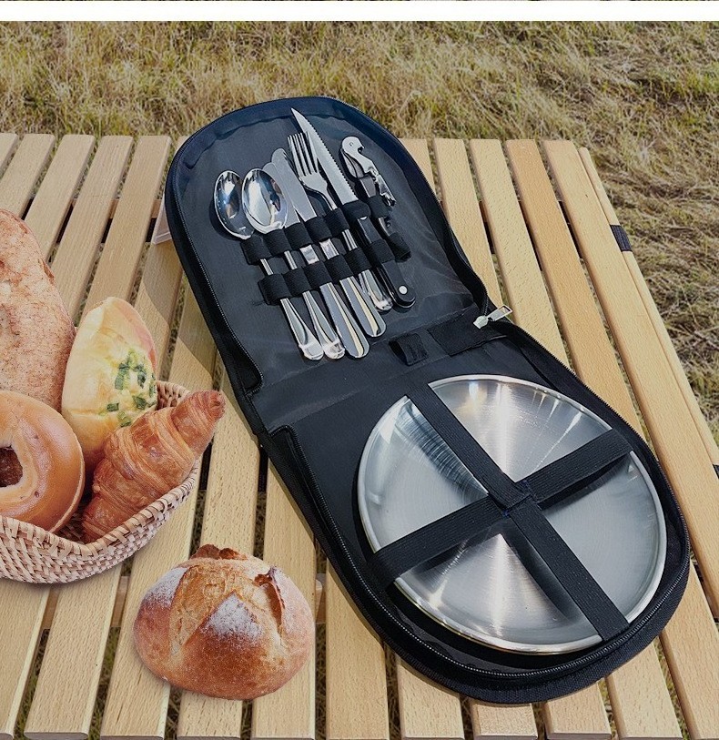 Portable Travel Stainless Steel Cutlery Set Steak Knife fork Spoon Dinner Plate Outdoor Camping Grill Plate Tableware Set