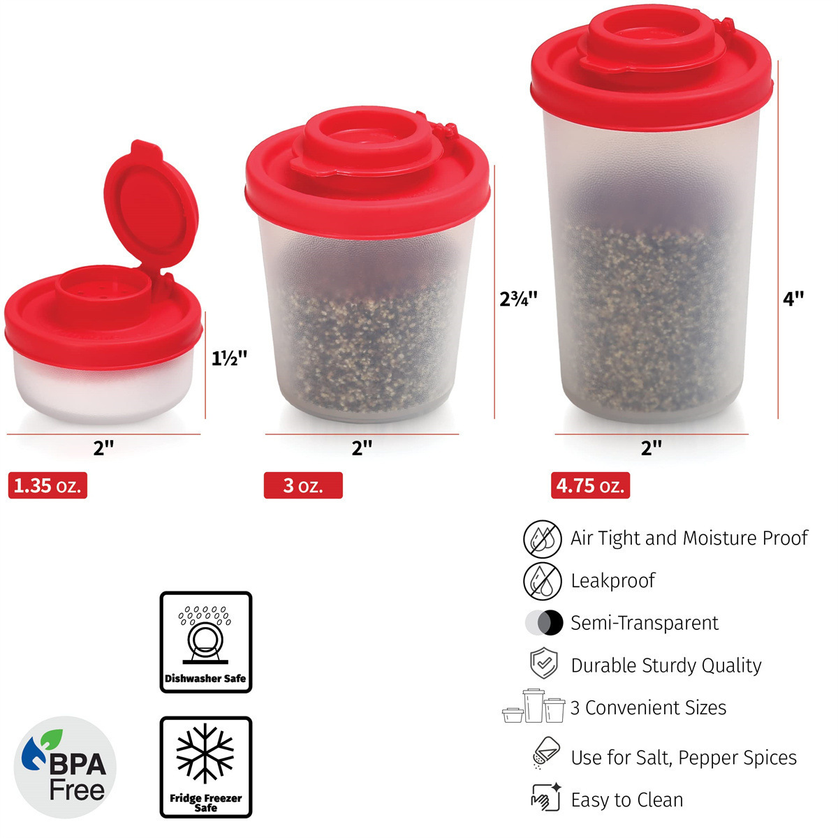 Salt and Pepper Shakers Moisture Proof Set For Camping Picnic Outdoors Kitchen Lunch with Red Covers Lids Plastic Airtight