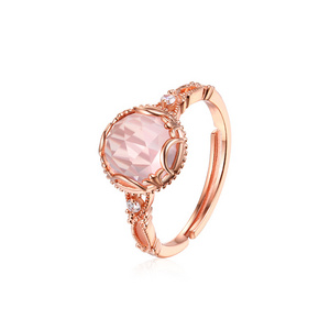 Adjustable 925 Rings Custom Funky 925 Sterling Silver Pink Crystal Ring Quartz Rose Gold Plated Natural Stone Rings for Women