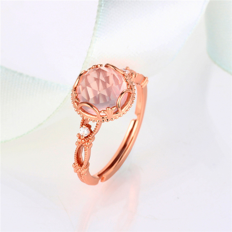 Adjustable 925 Rings Custom Funky 925 Sterling Silver Pink Crystal Ring Quartz Rose Gold Plated Natural Stone Rings for Women