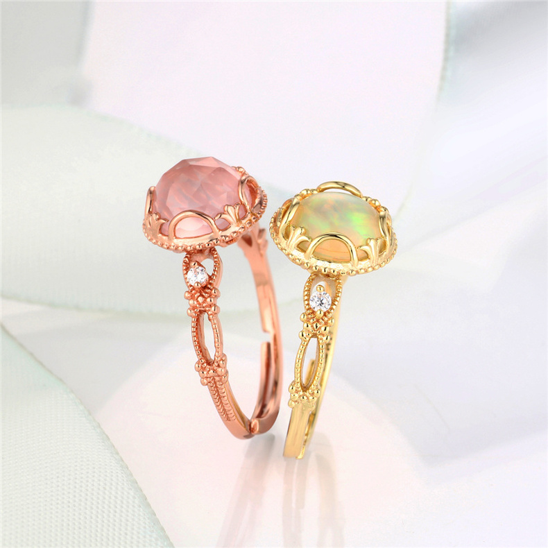 Adjustable 925 Rings Custom Funky 925 Sterling Silver Pink Crystal Ring Quartz Rose Gold Plated Natural Stone Rings for Women