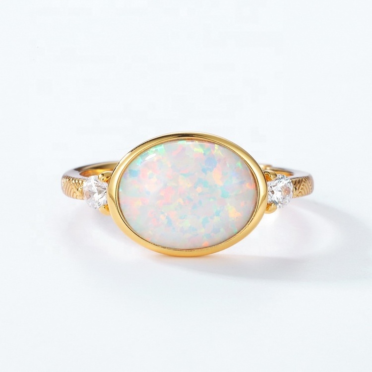 Hot Sale Oval Synthetic Opal Female Ring Yellow Gold Plated 925 Silver Design Ring Jewelry