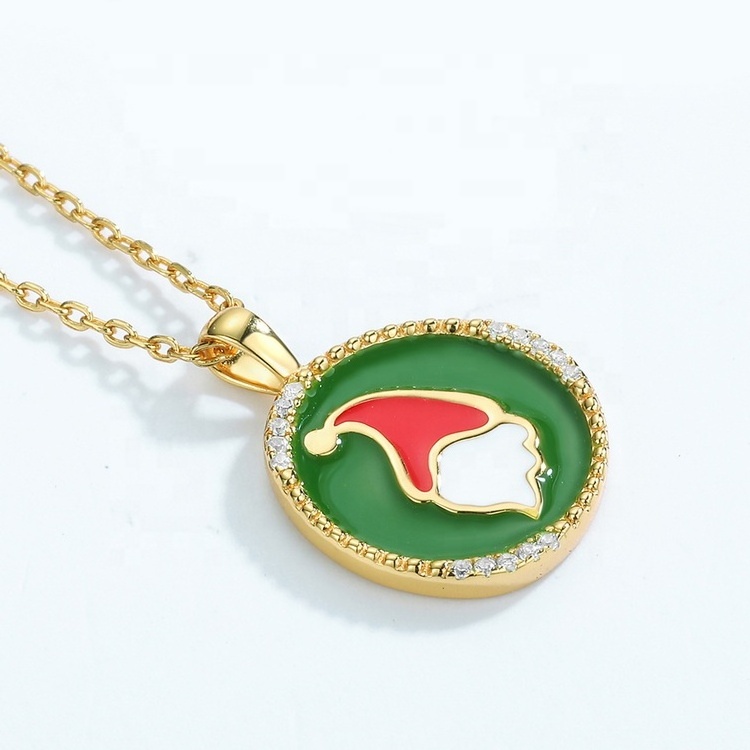 New Dainty Gold Plated Christmas Gifts Women's Fashion Santa Claus Pendant S925 Silver Enamel Pendant Necklace Wholesale