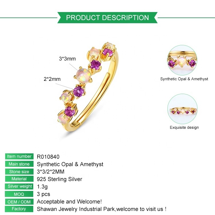 New Design Girls Women Ring Jewelry Gold Plated Synthetic Opal Amethyst Custom Adjustable Ring