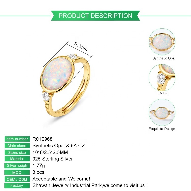 Hot Sale Oval Synthetic Opal Female Ring Yellow Gold Plated 925 Silver Design Ring Jewelry