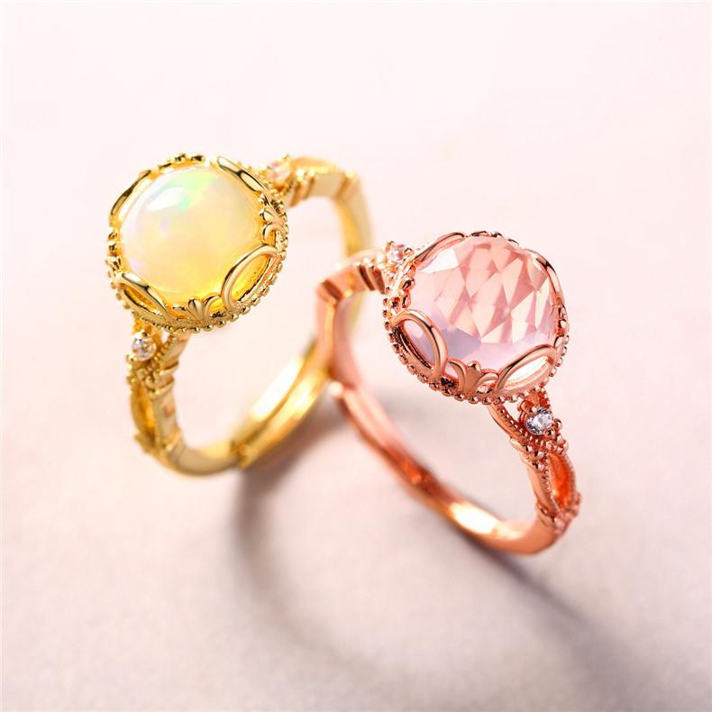 Adjustable 925 Rings Custom Funky 925 Sterling Silver Pink Crystal Ring Quartz Rose Gold Plated Natural Stone Rings for Women