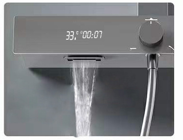 Modern 3 function wall mounted bathroom gun grey LED digital smart rainfall hot and cold shower mixer faucet with  rack shelf