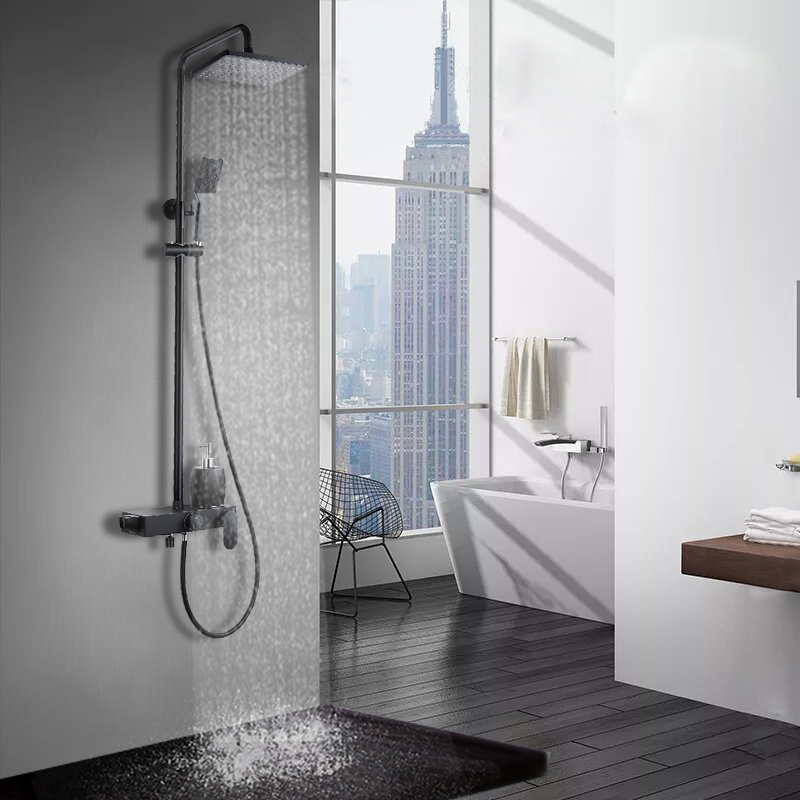 3 Functions High-quality Bathroom Wall Mounted Matte Black Rainfall Shower Hot and Cold Faucet Mixer Set with bathroom shelf