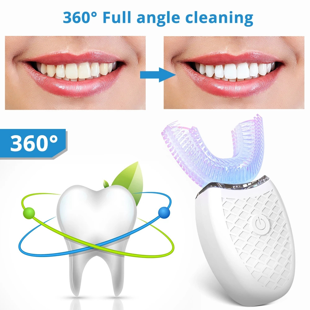 360 Degrees Intelligent Automatic Sonic Electric Toothbrush U Type 4 Modes Tooth Brush USB Charging Tooth Whitening Blue Light