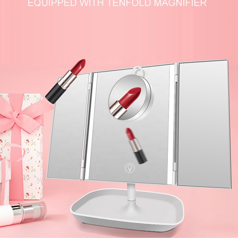 New 10X Magnifier Touch Screen Magnifying Rotating Desktop Dimmer Lighted Make Up Mirror Folding Vanity Makeup Mirror With Light